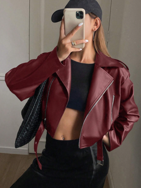 جاكيت دراجة نارية من الجلد الصناعي بتصميم فضفاض للنساء، لون